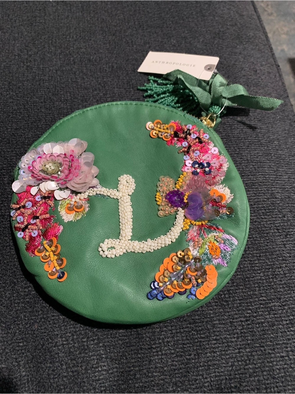 Anthropologie x Anna Harlow Russo -  “ L “ Monogrammed Green Beaded  Coin Purse